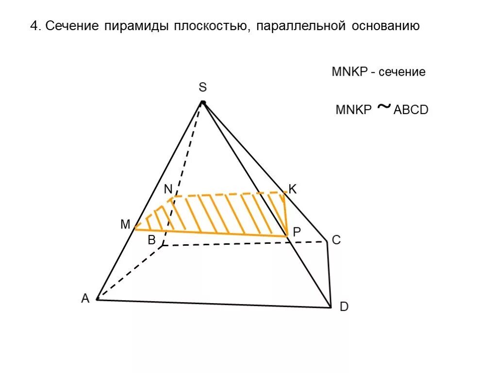 Четырехугольная пирамида сечение параллельное основанию. Сечение параллельное основанию пирамиды. Сечение перпендикулярное основанию пирамиды. Сечение пирамиды плоскостью. Сечение параллельное стороне пирамиды