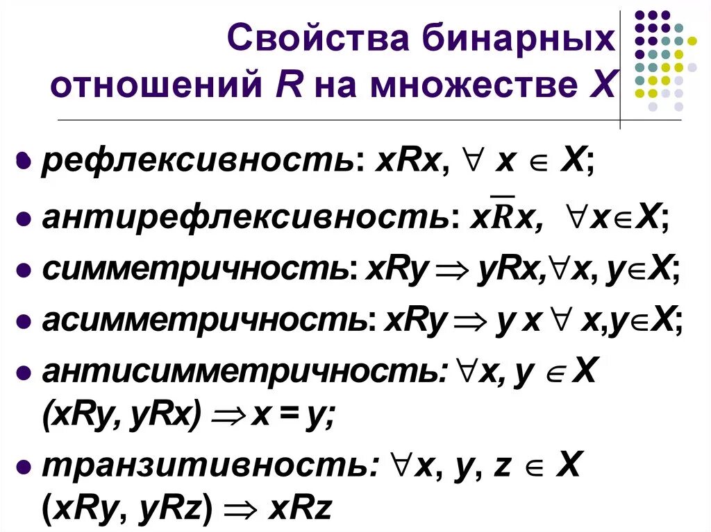 Рефлективность. Свойства бинарных отношений. Бинарное соотношение свойства. Свойства бинарных отношений связность. Свойства бинарных отношений с примерами.