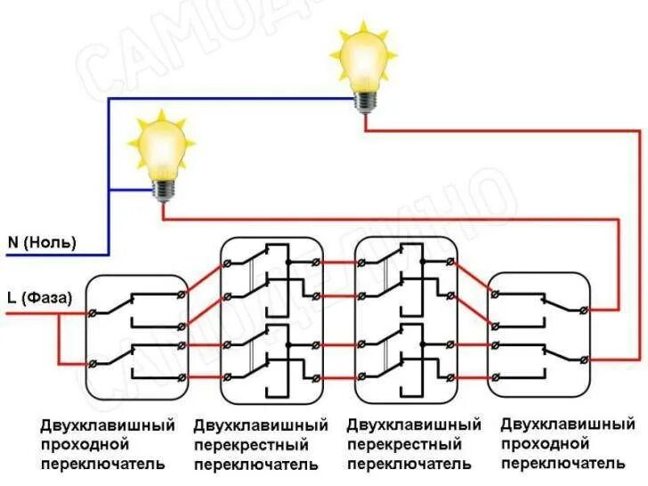 Схема подключения перекрестного выключателя из 4 мест. Схема соединения переключателей света из 3 мест. Схема включения трех проходных выключателей. Схема подключения двухклавишного проходного выключателя с 3 мест. Двухклавишный проходной трех мест