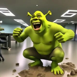 Shrek is squatting in the office and screaming, there are poop everywhere, ...