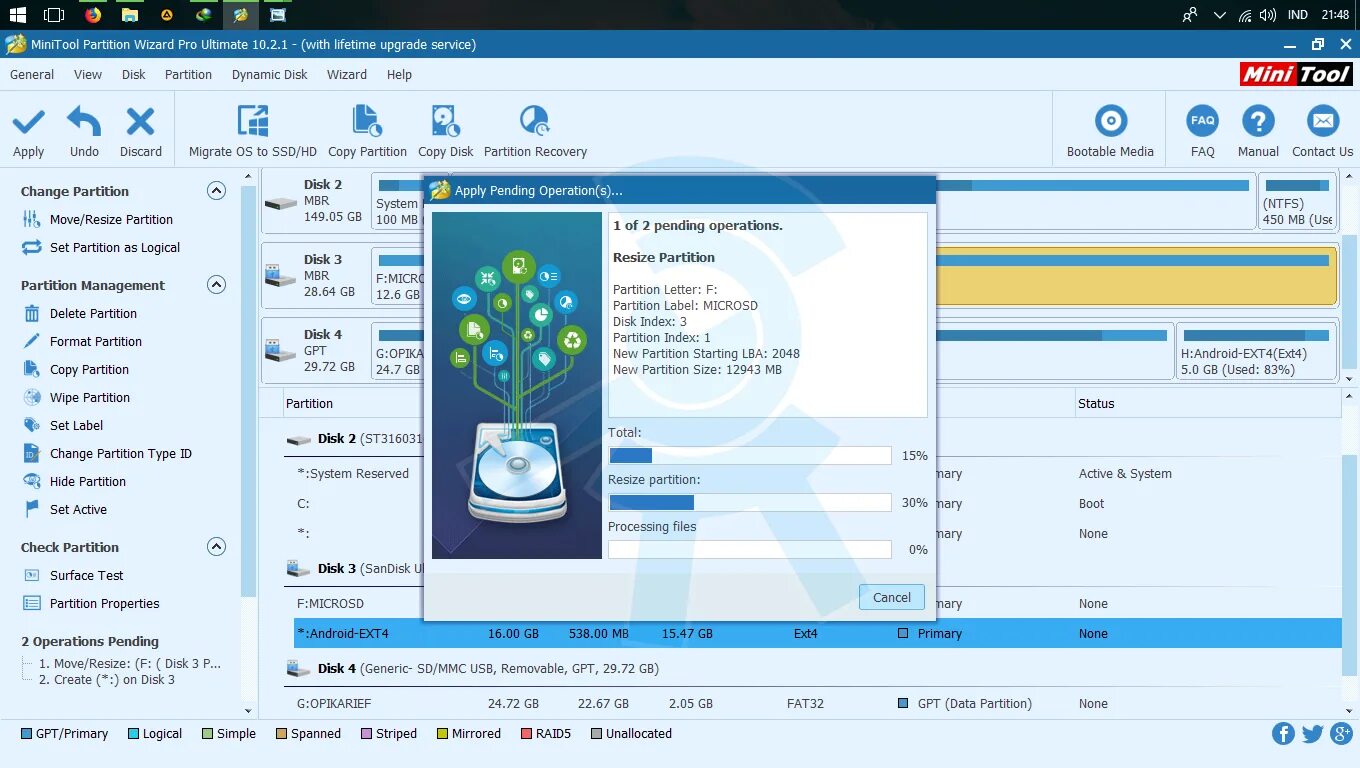 Disk resize. Partition wizard surface test. dvd-disk centos.