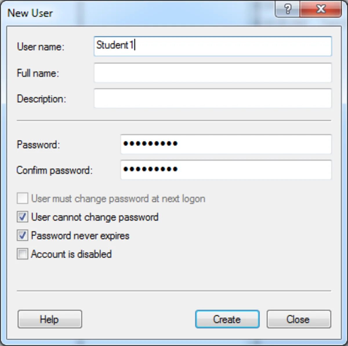 New user password. Пароль changed. password never expires. active password changer. logon as service. add user.
