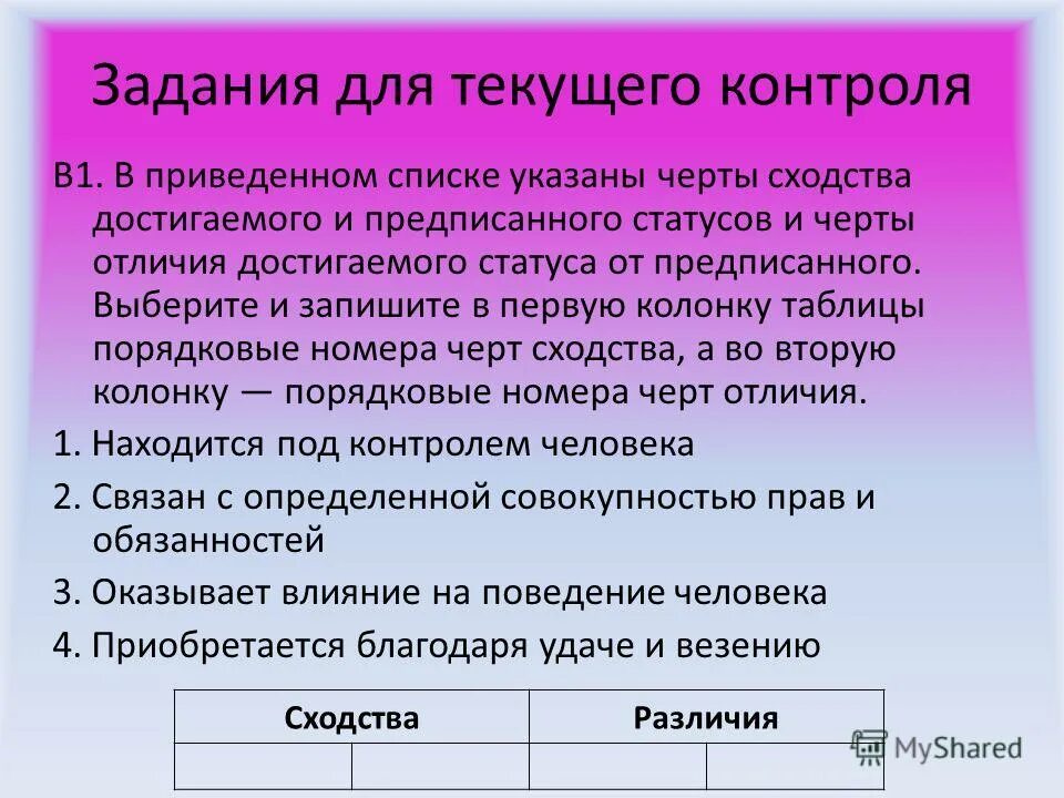 Задания для текущего контроля. Вопросы для текущего контроля. В приведённом ниже списке указаны черты сходства и различия. В приведенном списке указаны черты сходства моральных.