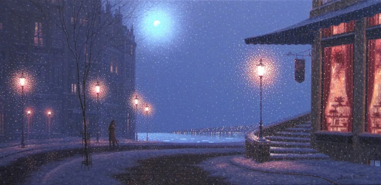 Вечер свет фонаря. Denis Nolet - канадский живописец. Ночная улица живопись.