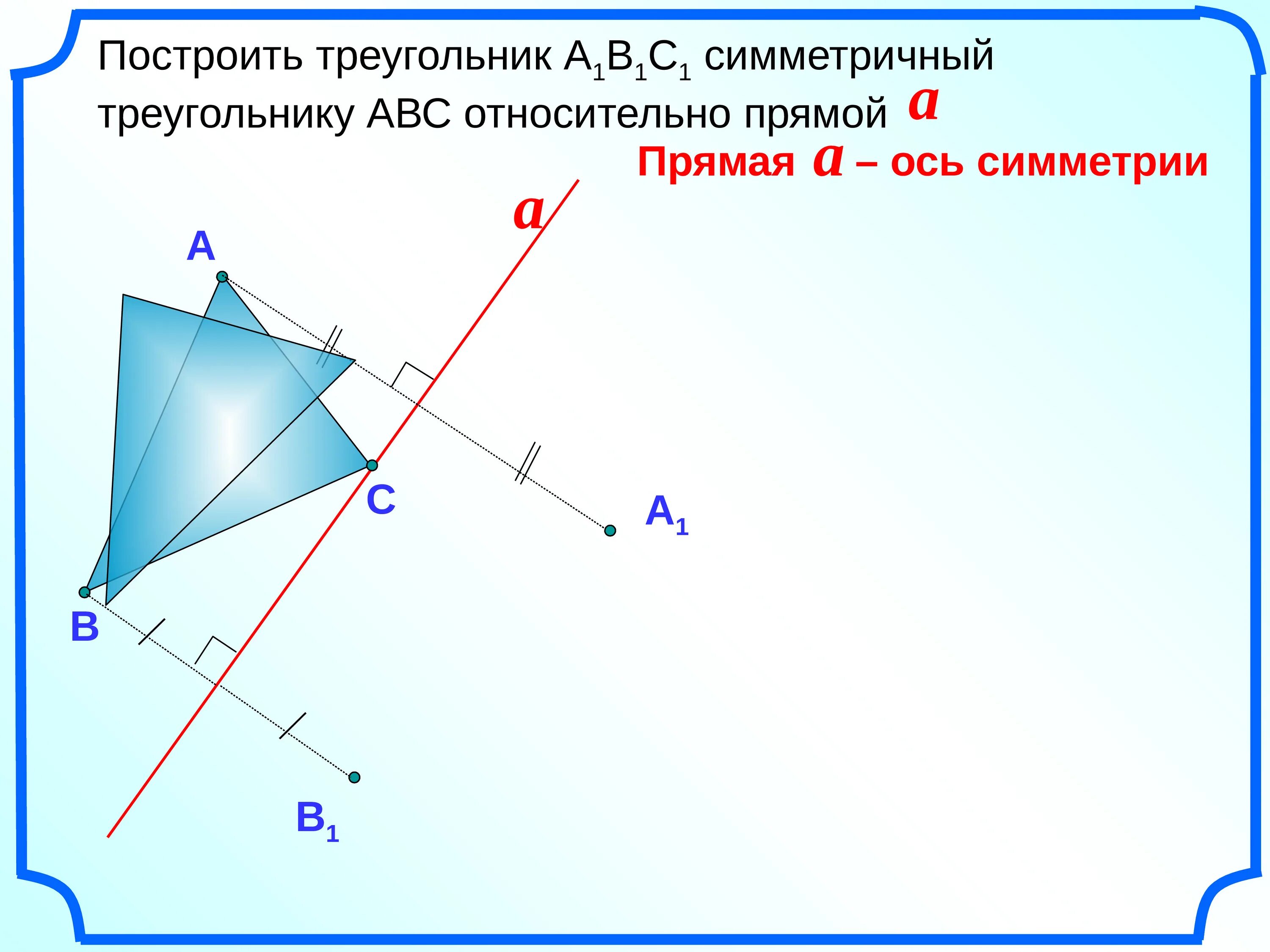 Треугольник а1в1с1 симметричен треугольнику АВС относительно оси а. Треугольник симметричный относительно точки. Треугольник симметричный относительно прямой. Симметрия треугольника относительно прямой. Любые относительно прямой