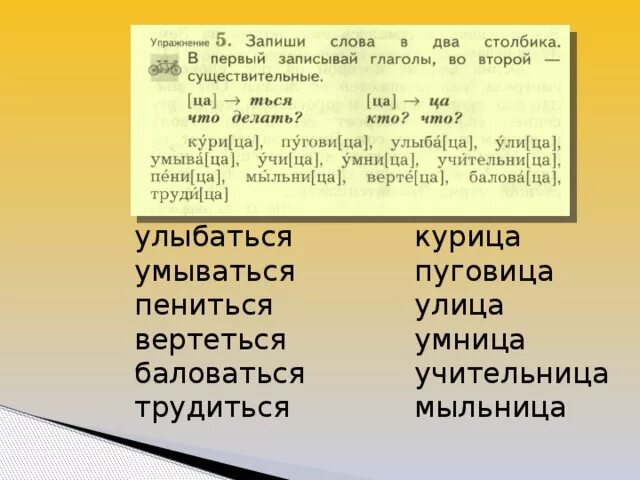 Запишите данные слова в два столбика склонять. Запиши глаголы в два столбика. Курица пуговица улыбаться улица умываться. Запиши глаголы в 2 столбика. В столбике писать кто что 1 класс.