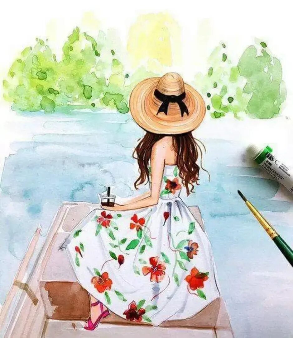 Рисунок летней девочки. Таланцева анна. летняя девушка нарисованная. девушка в шляпе акварель. модные девушки картинки рисунок лето.
