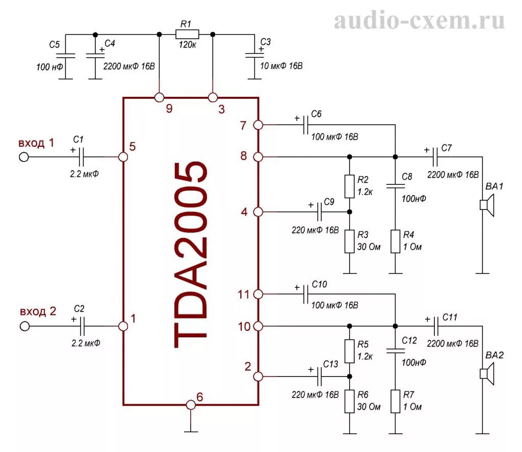 Унч на тда. Микросхема tda2005. Схема усилитель звука tda2005. Усилитель на микросхеме TDA 2005. Усилитель звука тда схемы.