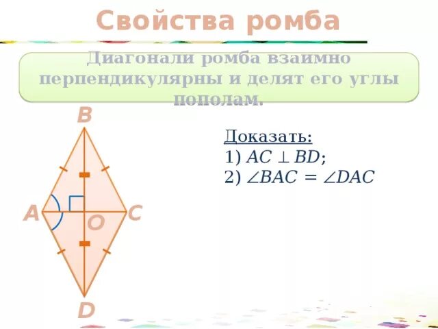 Свойства диагоналей ромба. Свойство диагоналей ромба доказательство. Диагонали ромба взаимно перпендикулярны и делят его углы пополам. Ромб свойства ромба.