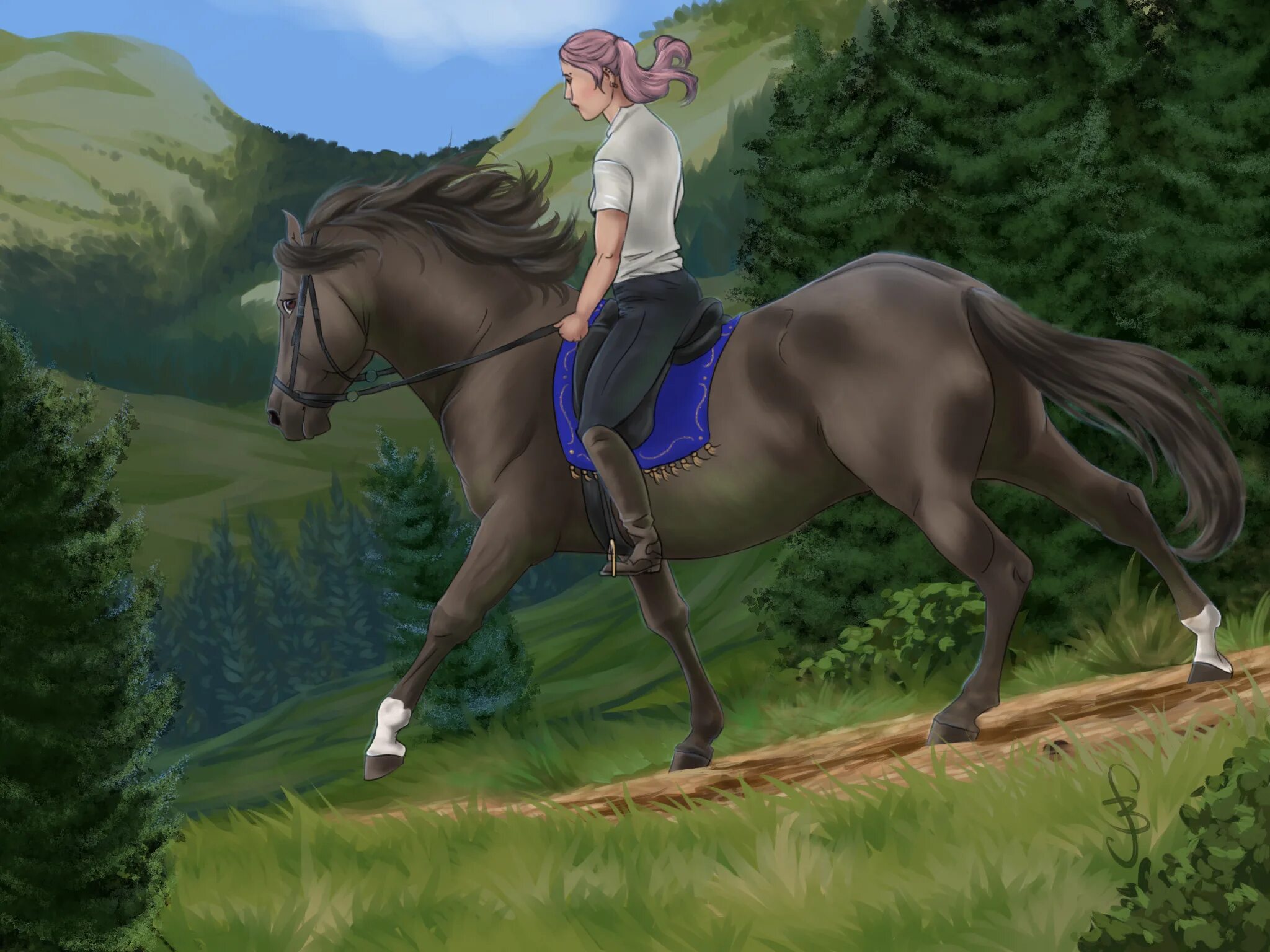 Лошади в горах. Девочка на лошади арт.