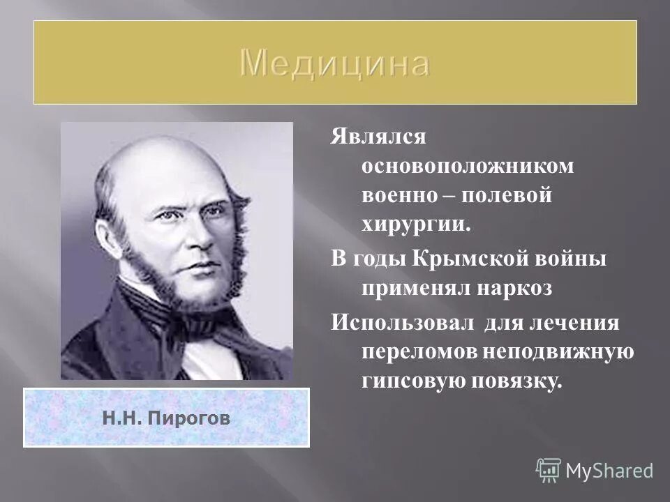 н. вклад николая ивановича пирогова в медицину. основоположник военно полевой хирургии впервые применил наркоз. пирогов основоположник костно-пластических операций. пирогов николай иванович годы сфера деятельности.