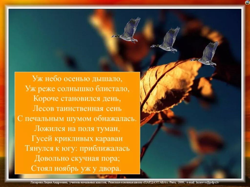 Стоял ноябрь уж у двора и небо осенью дышало. Стихи про осеннее солнце. С печальным шумом обнажалась. Ложился на поля туман гусей крикливых Караван тянулся к югу. Караван тянулся