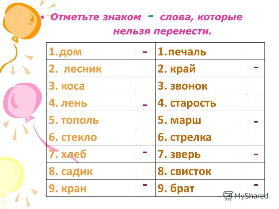 спишите слова которые нельзя переносить