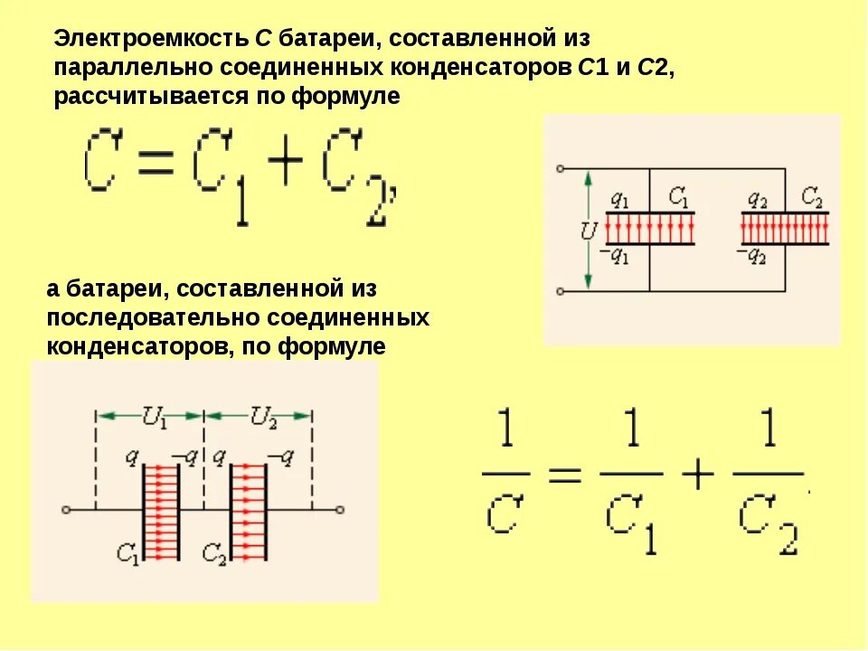 Электроемкость при параллельном соединении конденсаторов формула. Электроёмкость батареи конденсаторов Соединённых последовательно. Электроемкость батареи конденсаторов формула. Емкость батареи конденсатора формула Соединённых последовательно.