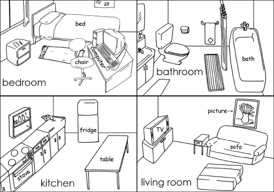 Is there a sofa in the bedroom. Раскраска мебель на английском. Комнаты на английском языке для детей. My Home задания для дошкольников. Задания на комнаты по английскому.