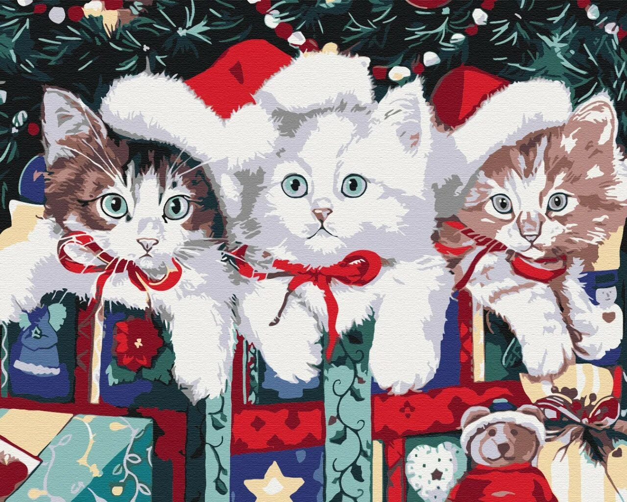 Рисунок на новый год кошка. Новогодние котята. новогодний кот. новогодние картины. котята новый год.