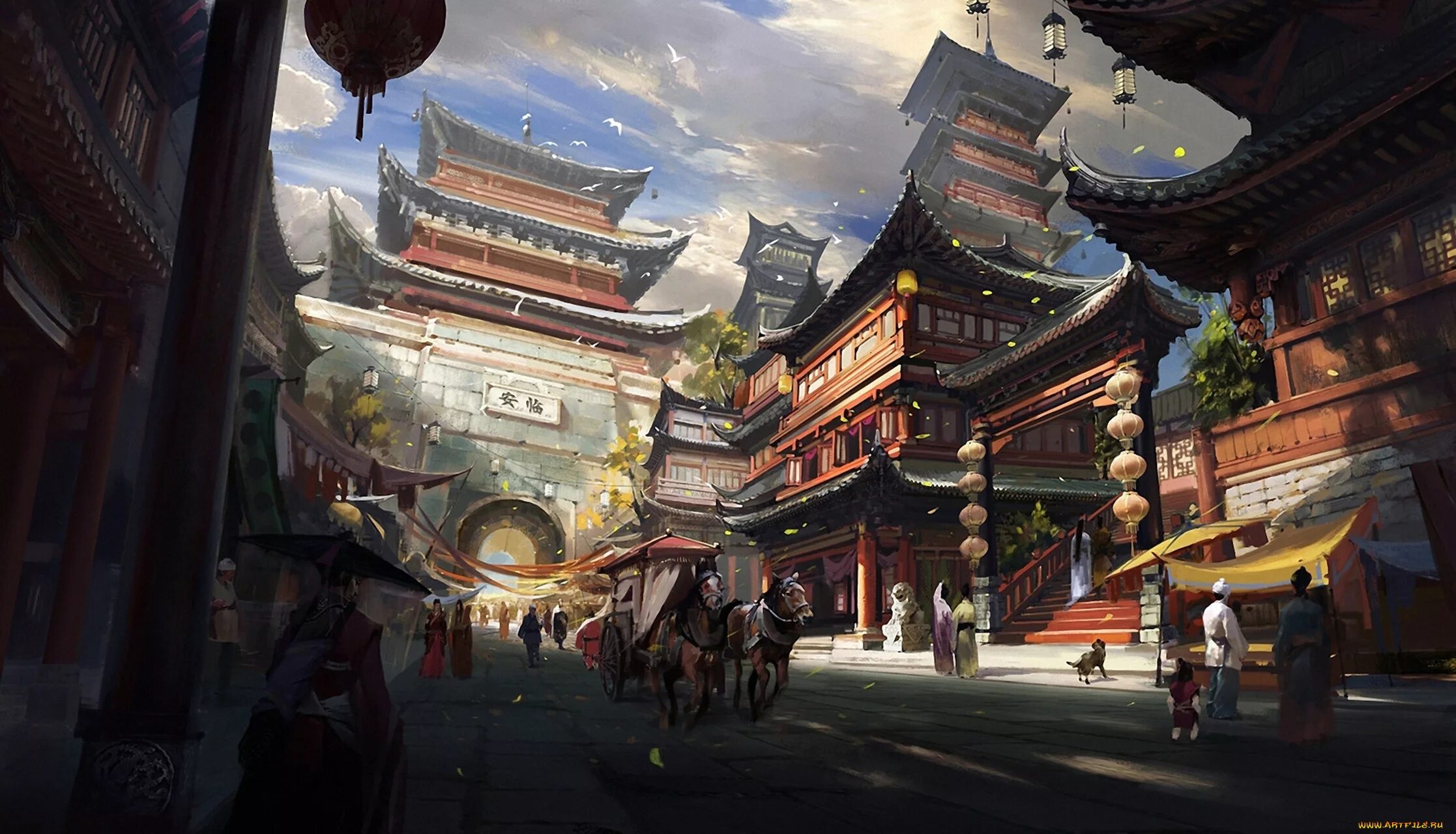 Императорский дворец Токио арт. Шаолинь храм пейзаж. Япония древний дворец концепт. Китай Поднебесная Империя.