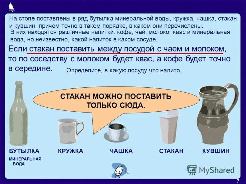 на столе стоит бутылка лилия. на столе поставлены в ряд бутылка кружка чашка стакан и кувшин. бутылка минеральной воды кружка чашка информатика. задача о напитках 5 класс информатика. на столе стоит бутылка лилия.