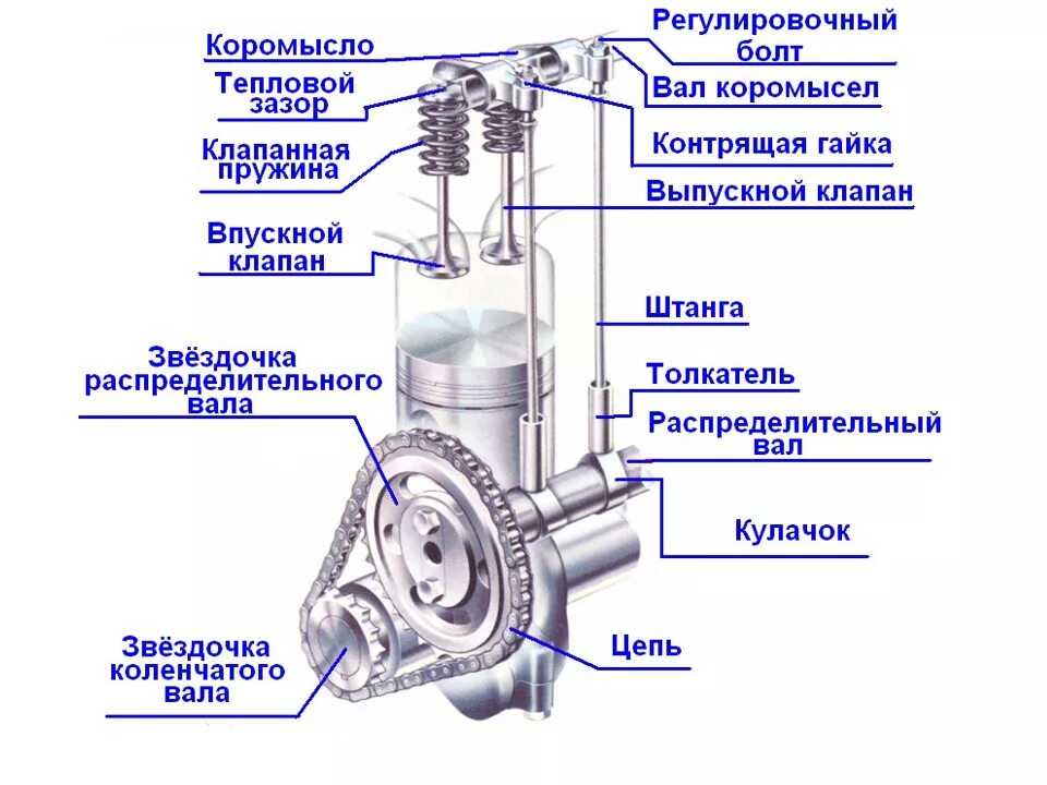Назначение работы грм. Клапан газораспределения двс устройство. устройство газораспределительного механизма двс. устройство грм с нижним расположением распредвала. детали составляющие газораспределительный механизм.