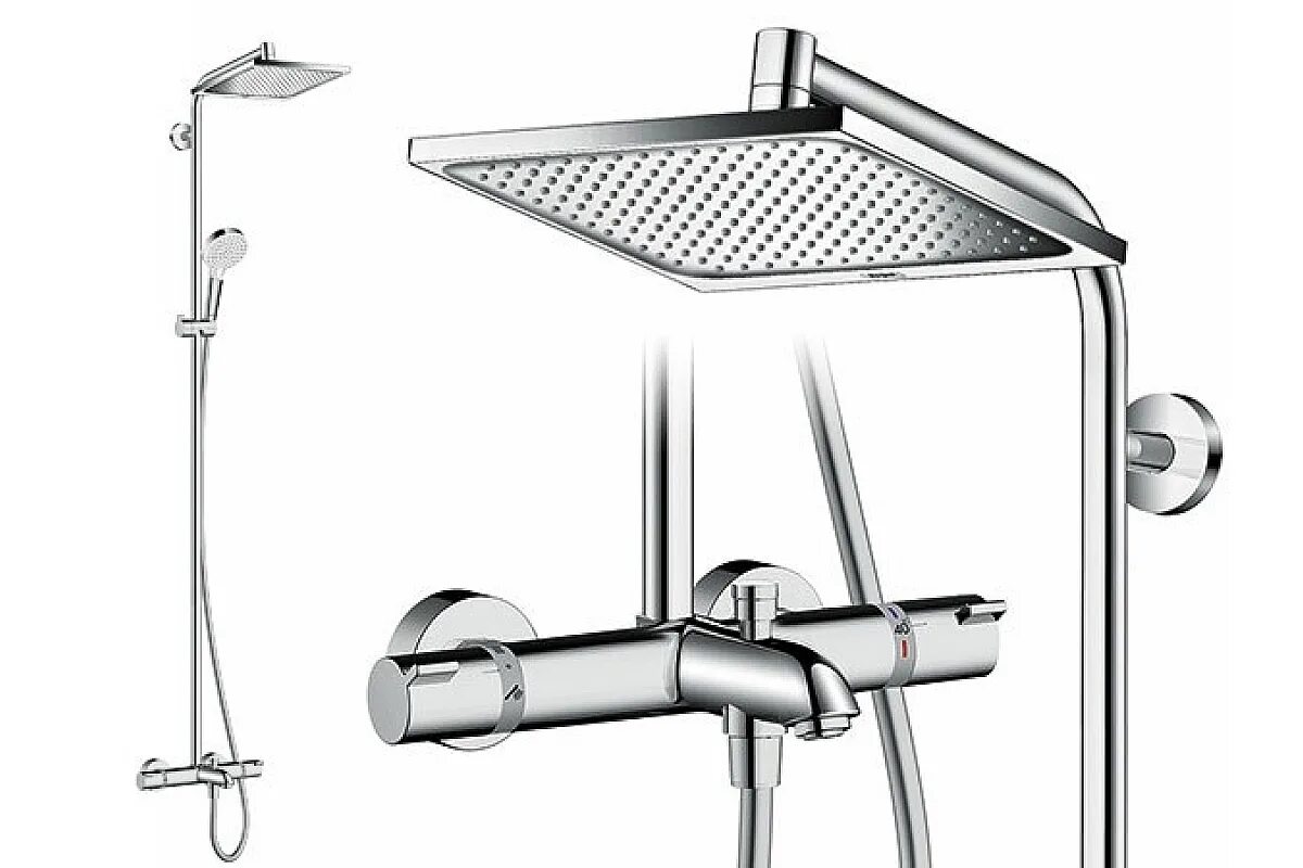 Смеситель термостат с изливом. Hansgrohe Crometta e 240 1jet Showerpipe 27298000. Душевая стойка Hansgrohe Crometta e 240 1jet Showerpipe 27298000 хром. Душевая система Hansgrohe Crometta e 240. Душевая стойка Hansgrohe Crometta 27298000.