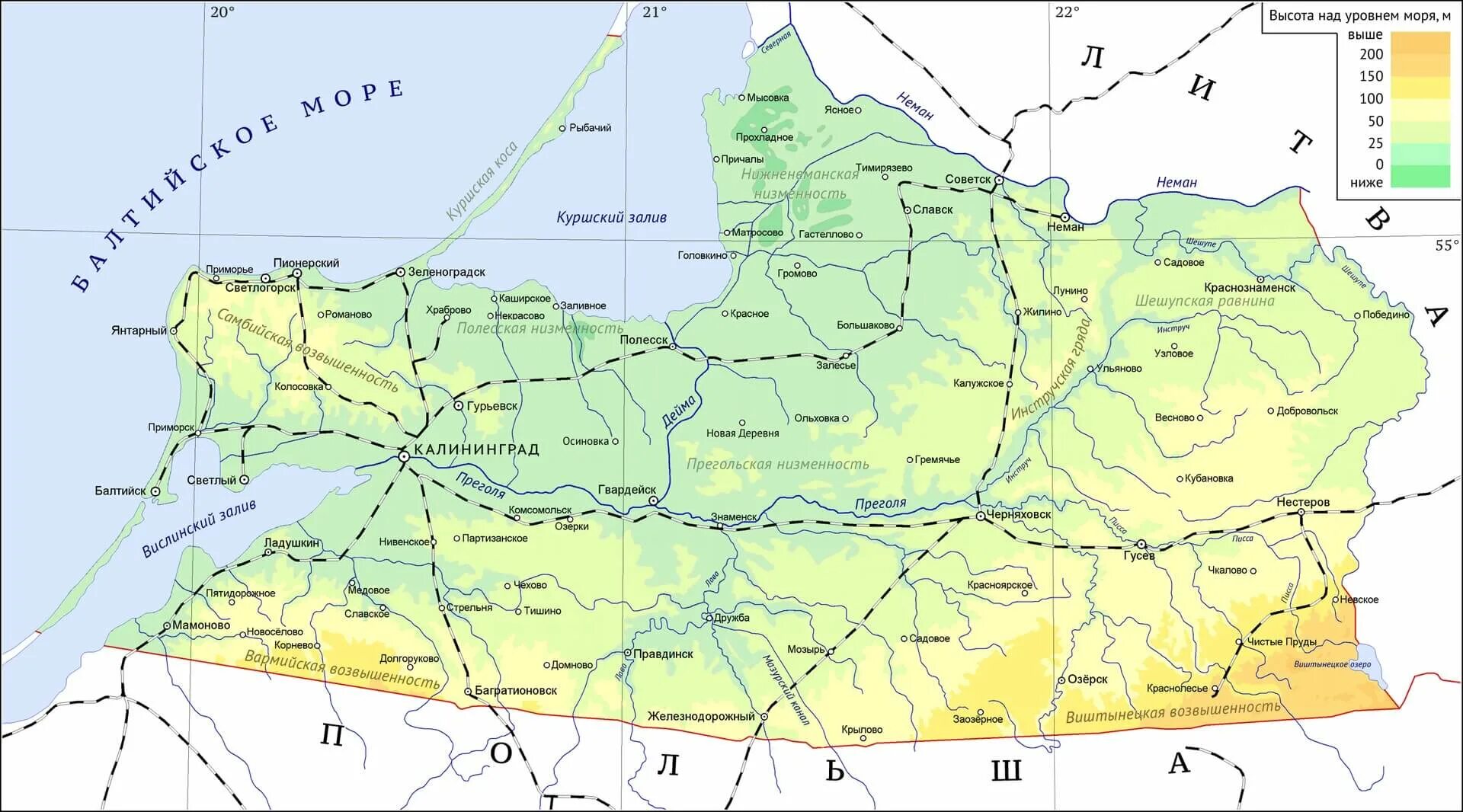 Калининград какая территория. Географическая карта Калининградской области. Калининградская область с городами и поселками подробная. Карта рельефа Калининградской области. Карта рек и озер Калининградской области.