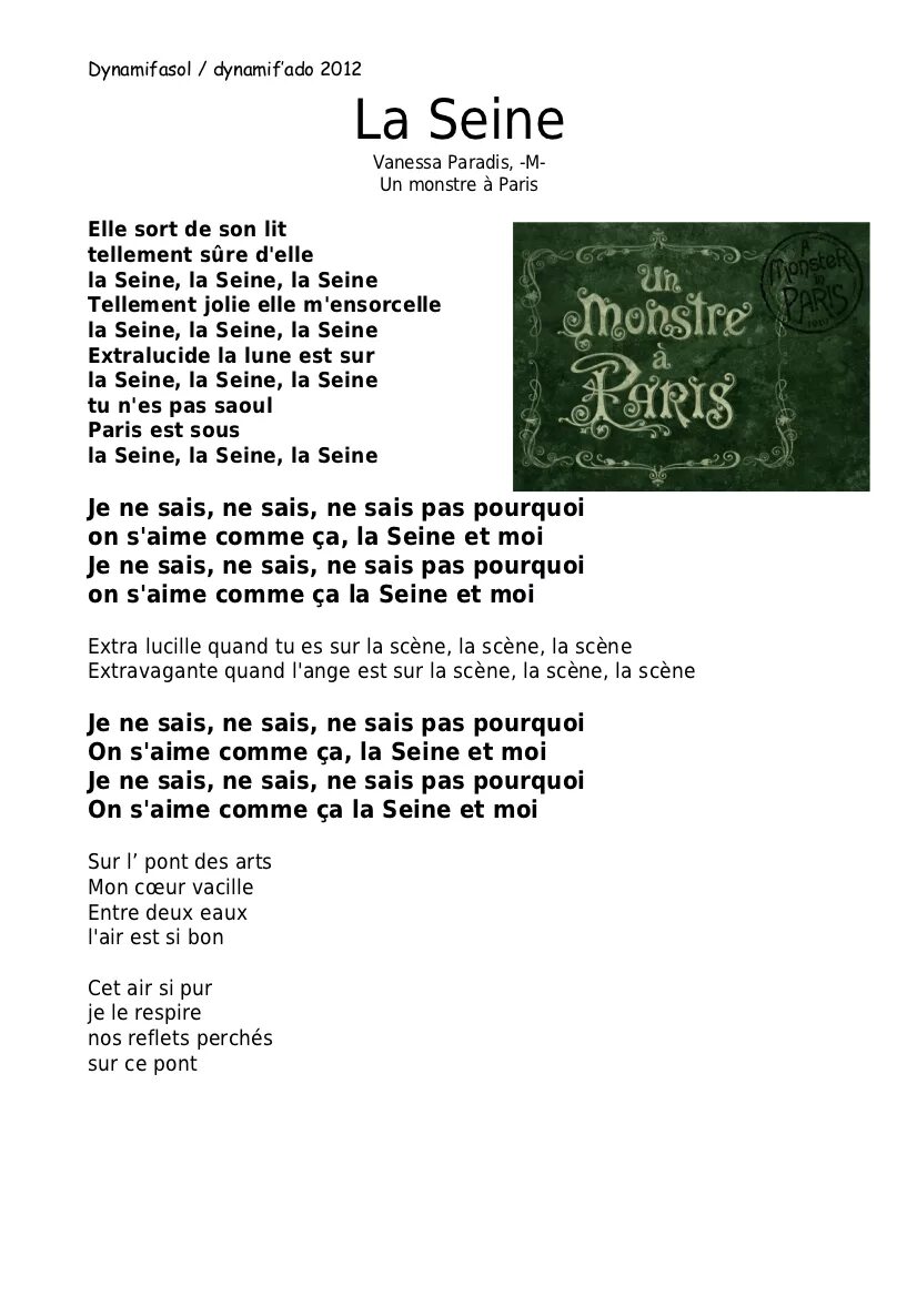 Текст песни la seine. La seine текст на французском. Песня la seine на французском текст. Монстр в Париже текст песни на французском. Песня ла сен
