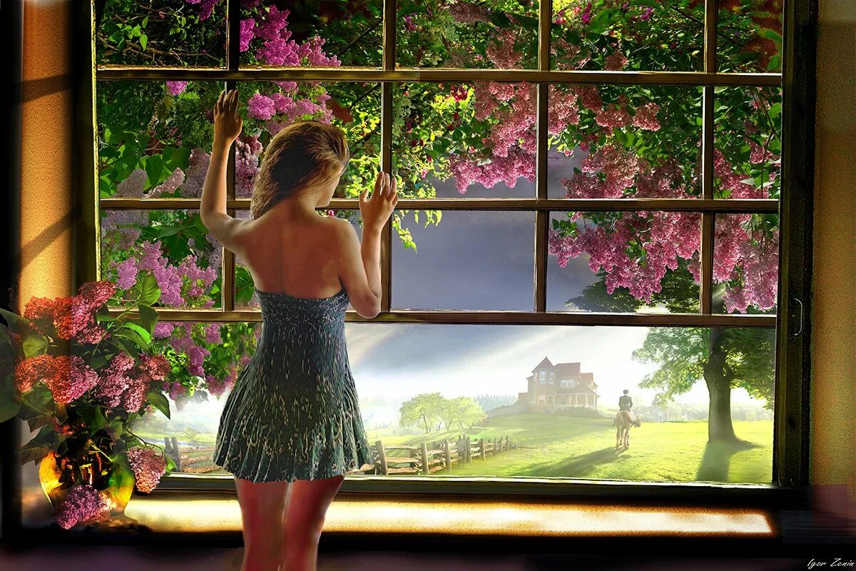 Хочется летних вечеров. Весеннее окно. Женщина у открытого окна живопись.