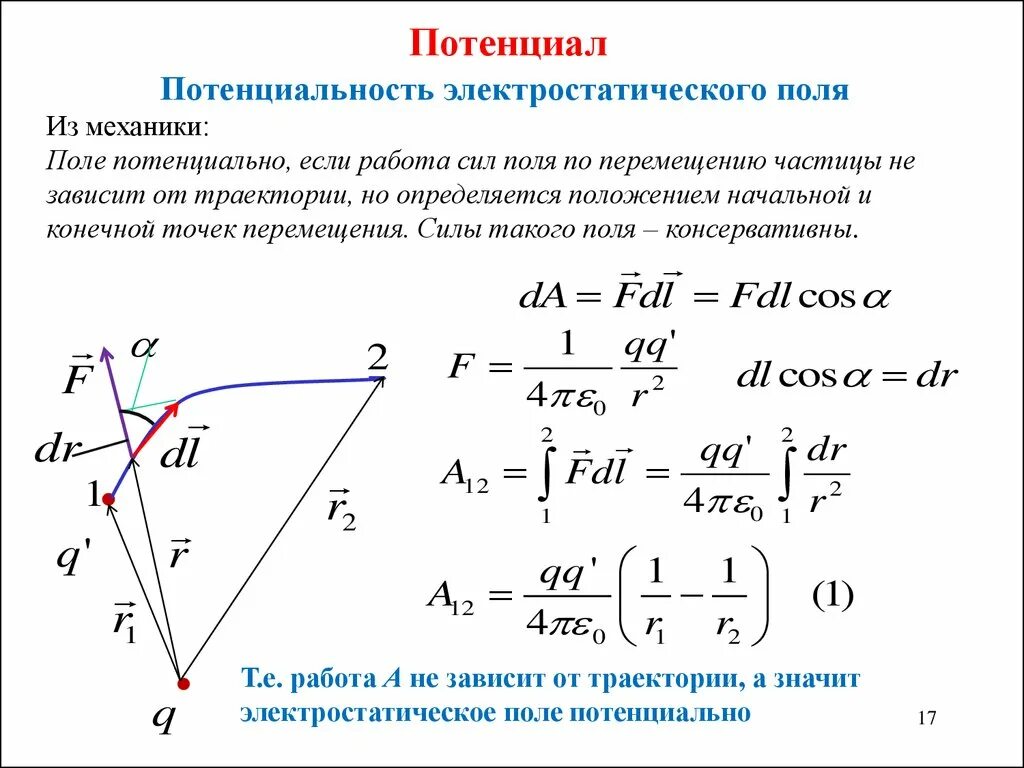 Работа сил электростатического поля потенциал. Работа сил электростатического поля формула. Траектории и работы сил электростатического поля. Потенциальность электростатического поля кратко.