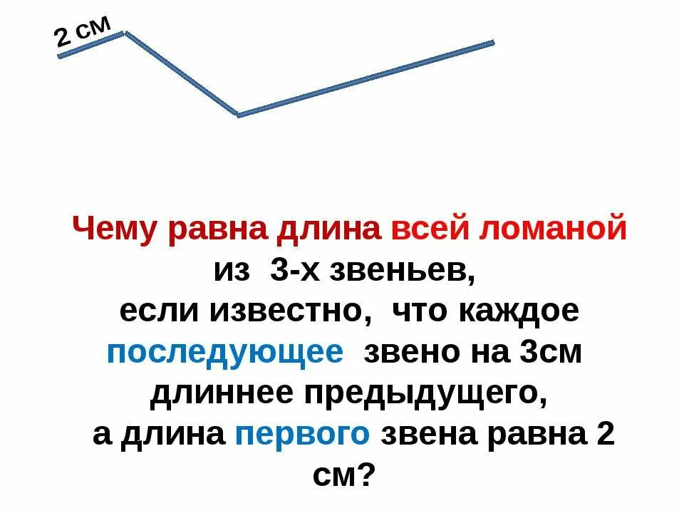 На сколько сантиметров каждое следующее. Ломанная из трёх звеньев. Длина ломаной. Длина всей ломаной. Начерти ломаную состоящую из трех звеньев.