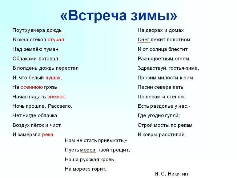 Стих никитина встреча зимы