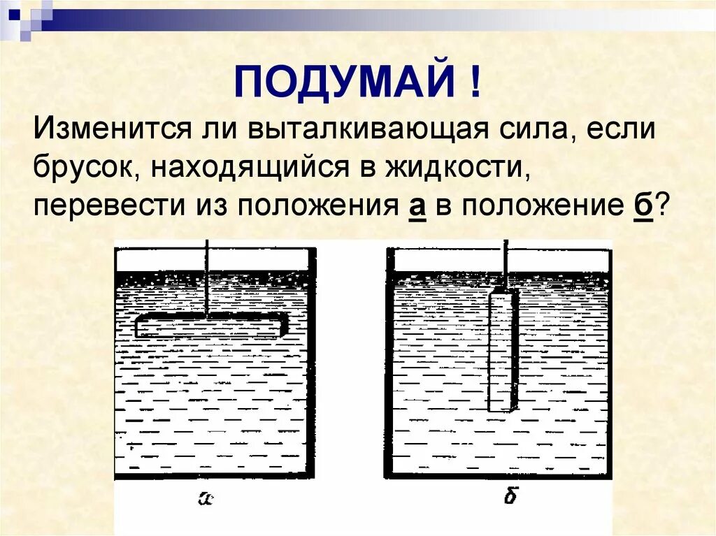 Какая выталкивающая сила действует на булыжник. Выталкивающая сила. Закон Архимеда. Выталкивающая сила в жидкости. Выталкивающая сила Архимеда.