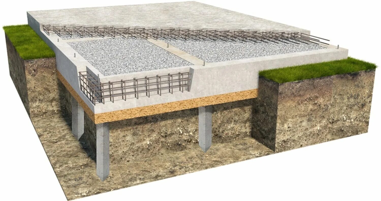 Свайно монолитный. Свайно-ростверковый фундамент с плитой. Монолитный железобетонный свайно-ростверковый.. Фундамент монолит с ростверком. Что такое ростверк фундамента на монолитной плите.