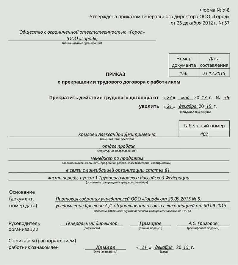Какие документы выдать сотруднику при увольнении. Приказ об увольнении работника в связи с ликвидацией организации. приказ об увольнении работника по ликвидации организации. приказ об увольнении по инициативе работника образец. приказ об увольнении работника в связи.