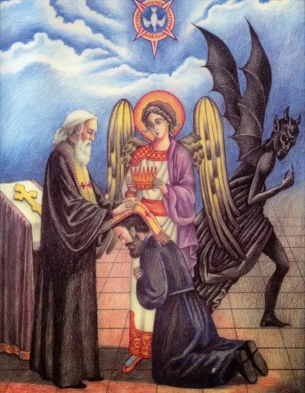 Ангелы святого человека. Православные иллюстрации. Икона дьявола. Бесы на иконах. Изображение бесов в храме.