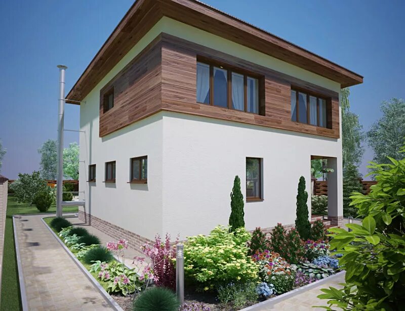 фасад коттеджа. каменный дом. комбинированный фасад штукатурка и планкен. облицовка квадратного дома. фасад сенерджи.