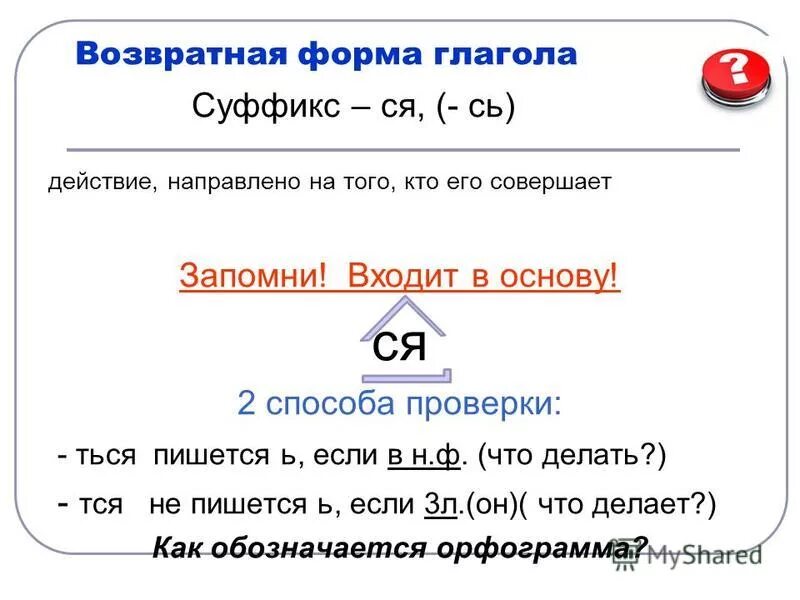 Суффиксы возвратных глаголов. Возвратная форма глагола. Ся входит в основу глагола. Суффикс основы глагола.