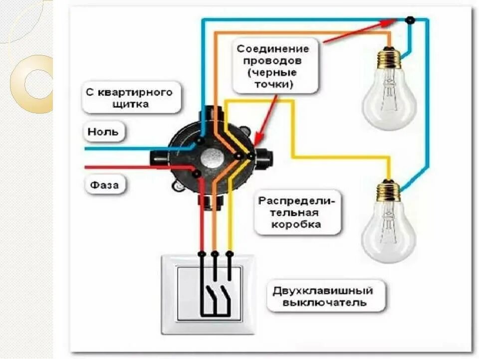 Выключатель через коробку подключить. Схема подключения двойного провода на 1 выключатель. Схема подключения 2 лампочек и выключателя и розетки. Схема подключения двойного выключателя с розеткой на 2 лампочки. Как правильно подключить выключатель к лампочке схема подключения.