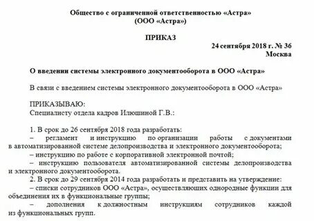Приказ о электронном документообороте образец