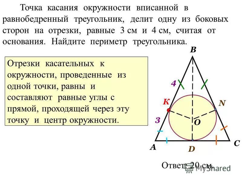 Дано b точка касания. ОКРУЖНОСТЬОПИСАННАЯ В равнобедренный треугольник. Окружность вписана в равнобедренныйтреугольник. Круг вписанный в треугольник.