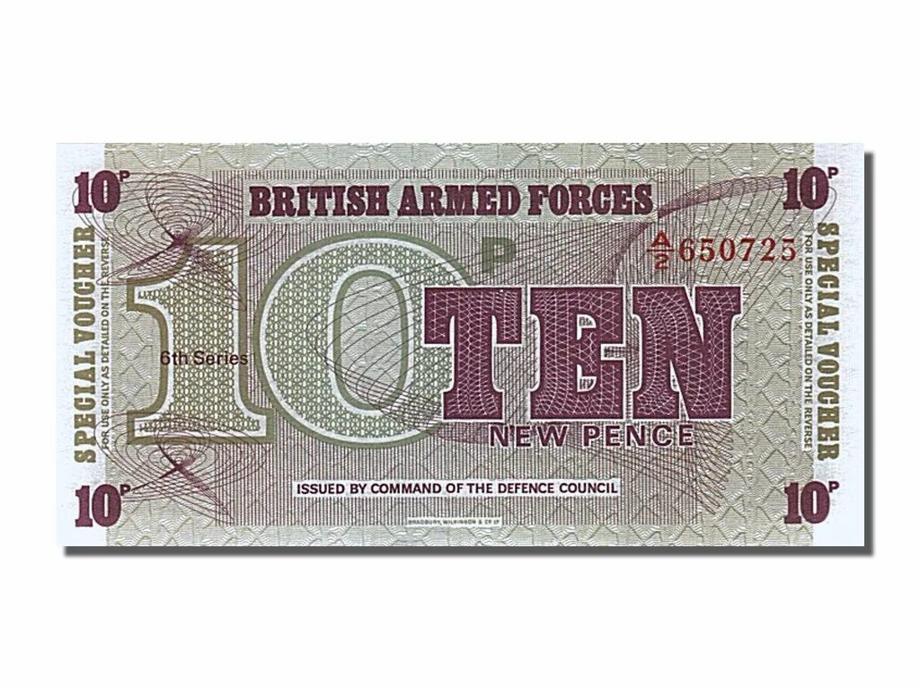 Ваучер. Ваучеры британские. 10 Новых пенсов. British Armed Forces банкнота. New 10 now