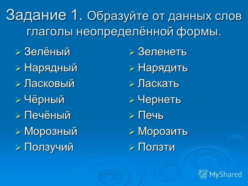 Неопределенная форма глагола. Образуйте прилагательное от глагола. От данных слов образуйте прилагательные. Образуйте от данных слов глаголы. Образуйте от данных слов глаголы.