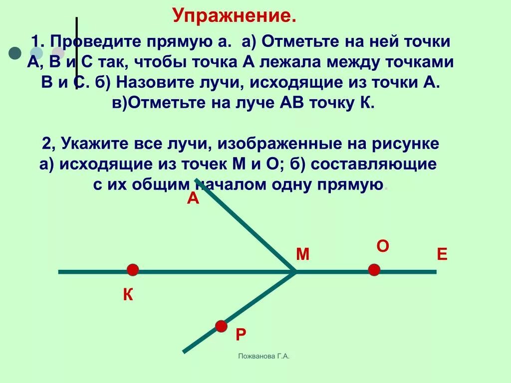 Точка на прямой. Точки лежащие на Луче. Отрезок. Луч на прямой. На каждой прямой поставь точку