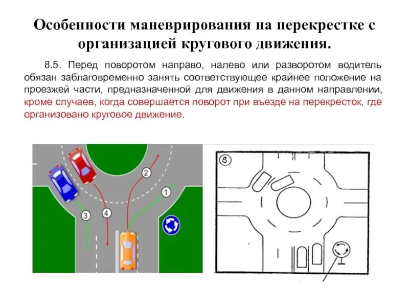 Организация кругового движения на перекрестке. Схема перекрестка с круговым движением. Направление движение на перекрестке с круговым движением. Разворот на перекрестке с круговым движением.