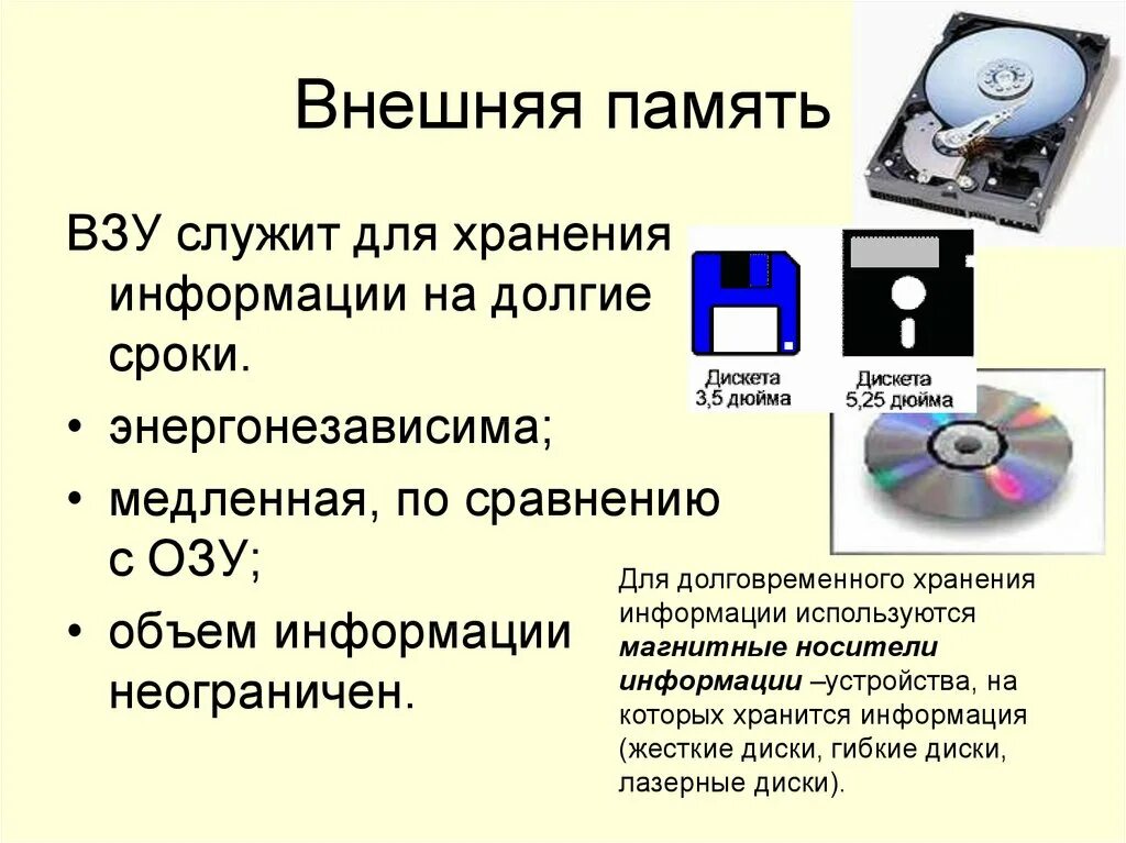 Внешняя память дисковые носители оптические. Внешняя память (ВЗУ). Средства хранения информации внешняя внутренняя память. Внешняя память на магнитных носителях. Информация хранящаяся в долговременной памяти как