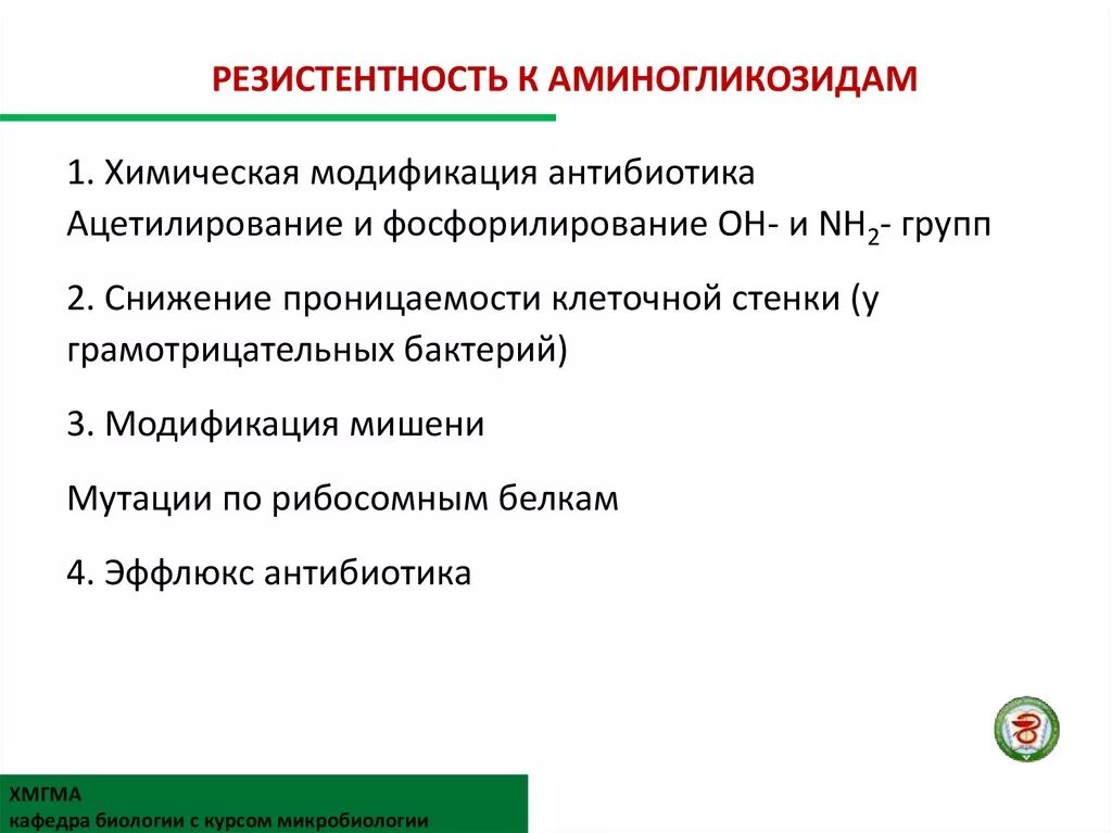 Резистентность к аминогликозидам. Устойчивость бактерий к антибиотикам. Механизмы резистентности к аминогликозидным антибиотикам. Химическая модификация антибиотиков. Резистентность эмали