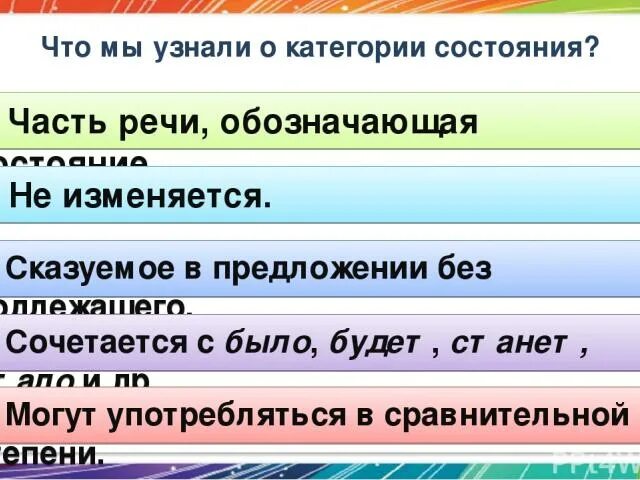 Категория состояния сказуемое. Категория состояния как часть речи. Категория состояния как часть речи 7 класс. Чем похожи категория состояния и наречие. Что означает состояние слов