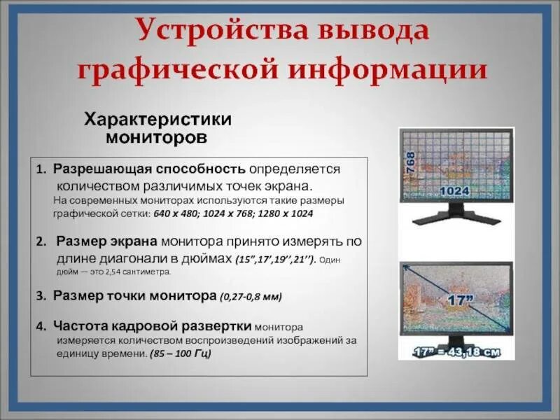 Разрешающая способность монитора. Устройства вывода графической информации. Устройства графического вывода. Характеристики монитора.