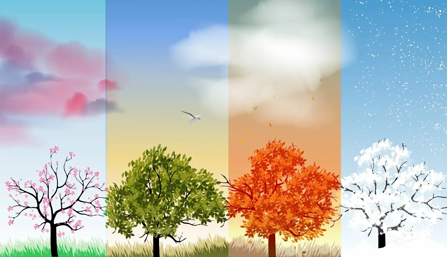 Сезонный период. Времена года иллюстрации. Дерево летом осенью зимой и весной.