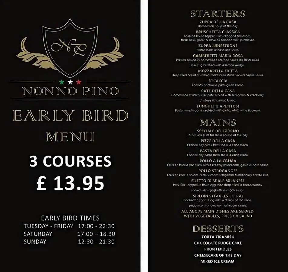 Bird menu. Early bird menu.