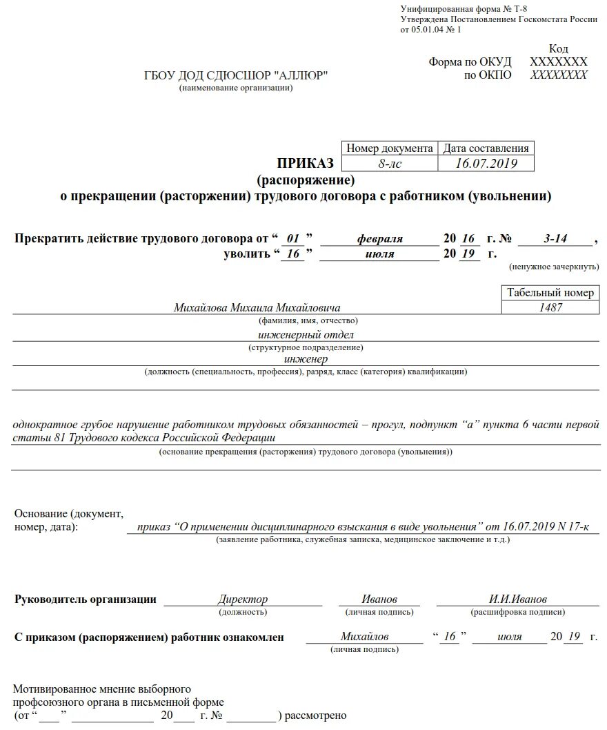 Образец приказ об увольнении по 81 ст ТК РФ. Приказ об увольнении сотрудника образец. Приказ о прекращении трудового договора образец. Пример приказа об увольнении за прогул образец.